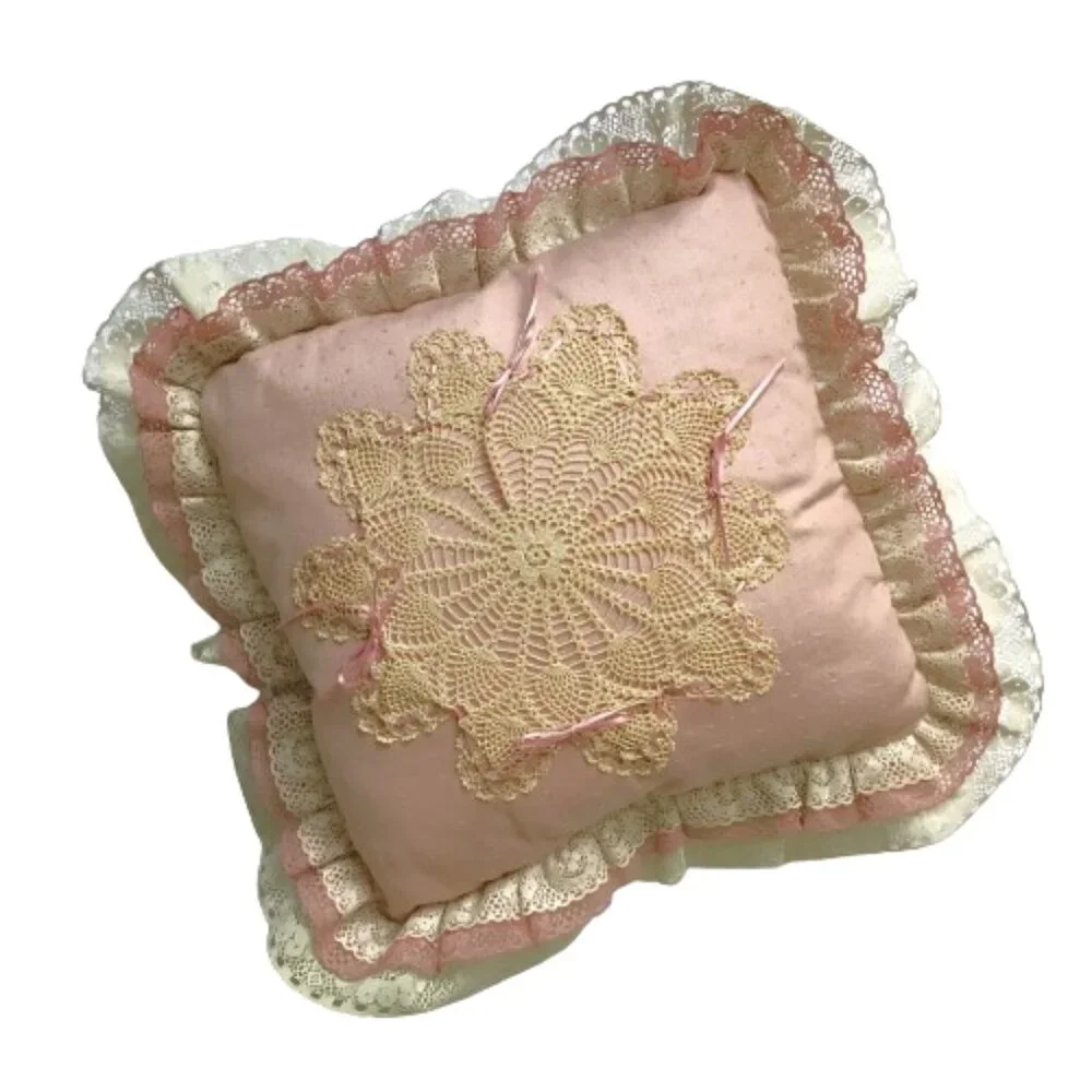 Vintage Shabby Chic Accent Pillow Pink Ivory Lace